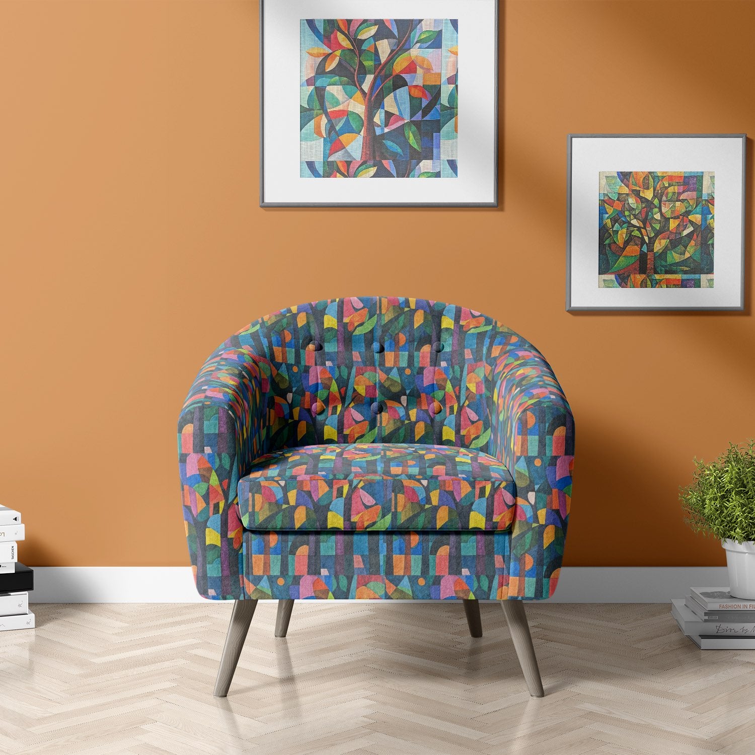 Upholstered armchair in Figueres No.10 multicoloured upholstery fabric with geometric tree design