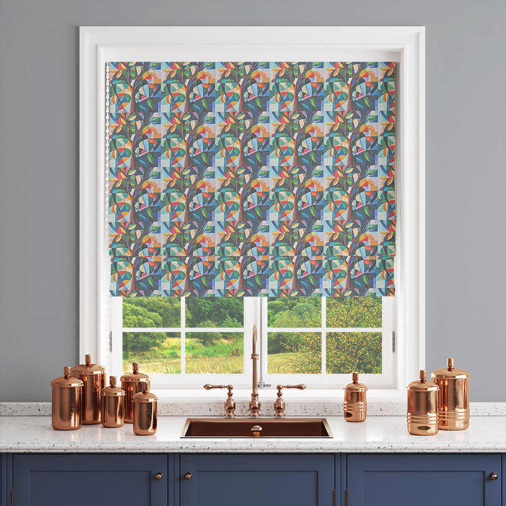 Figueres No.11 multicoloured linen curtain fabric shown as a Roman blind