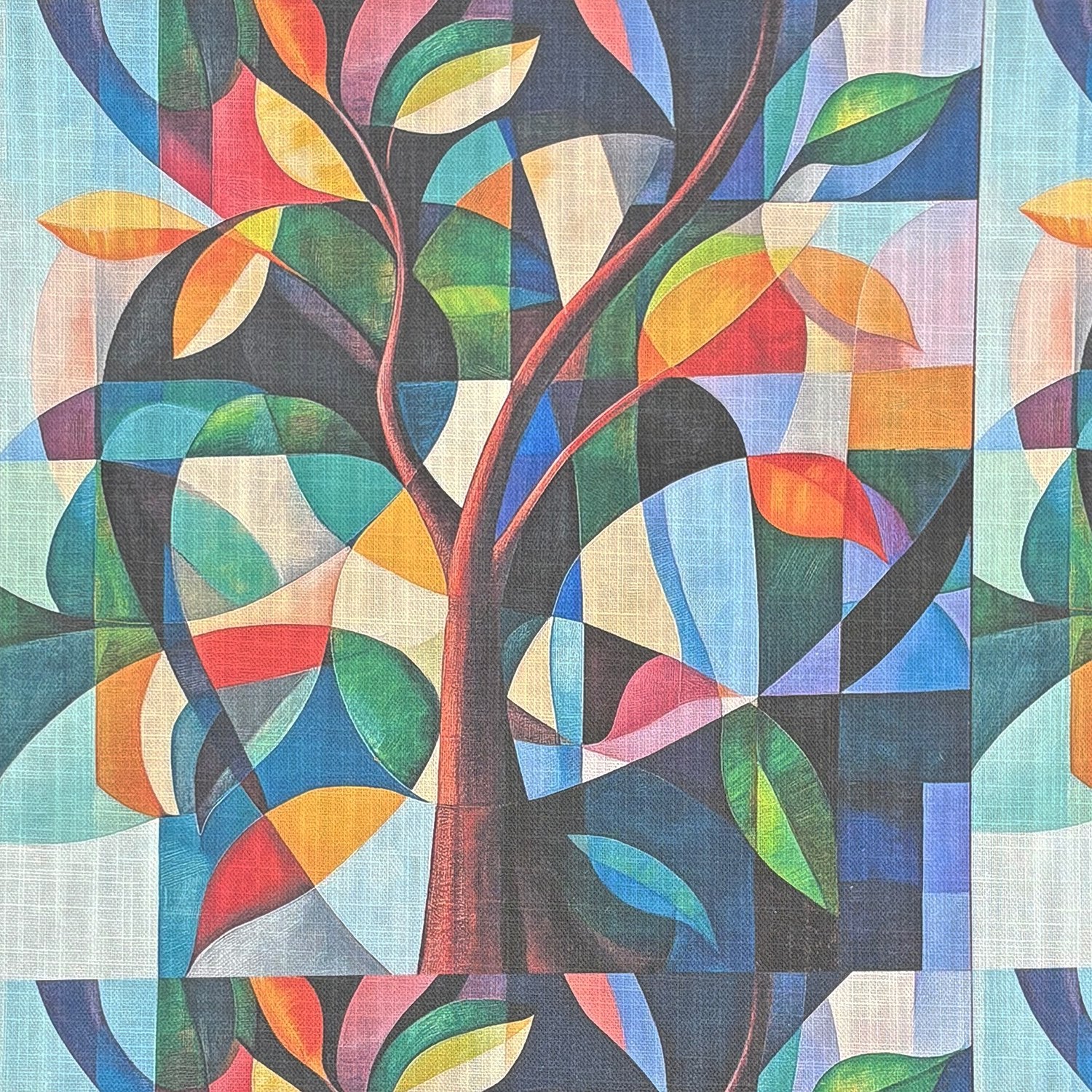 Flat lay of Figueres No.11 upholstery fabric with geometric multicoloured tree motif
