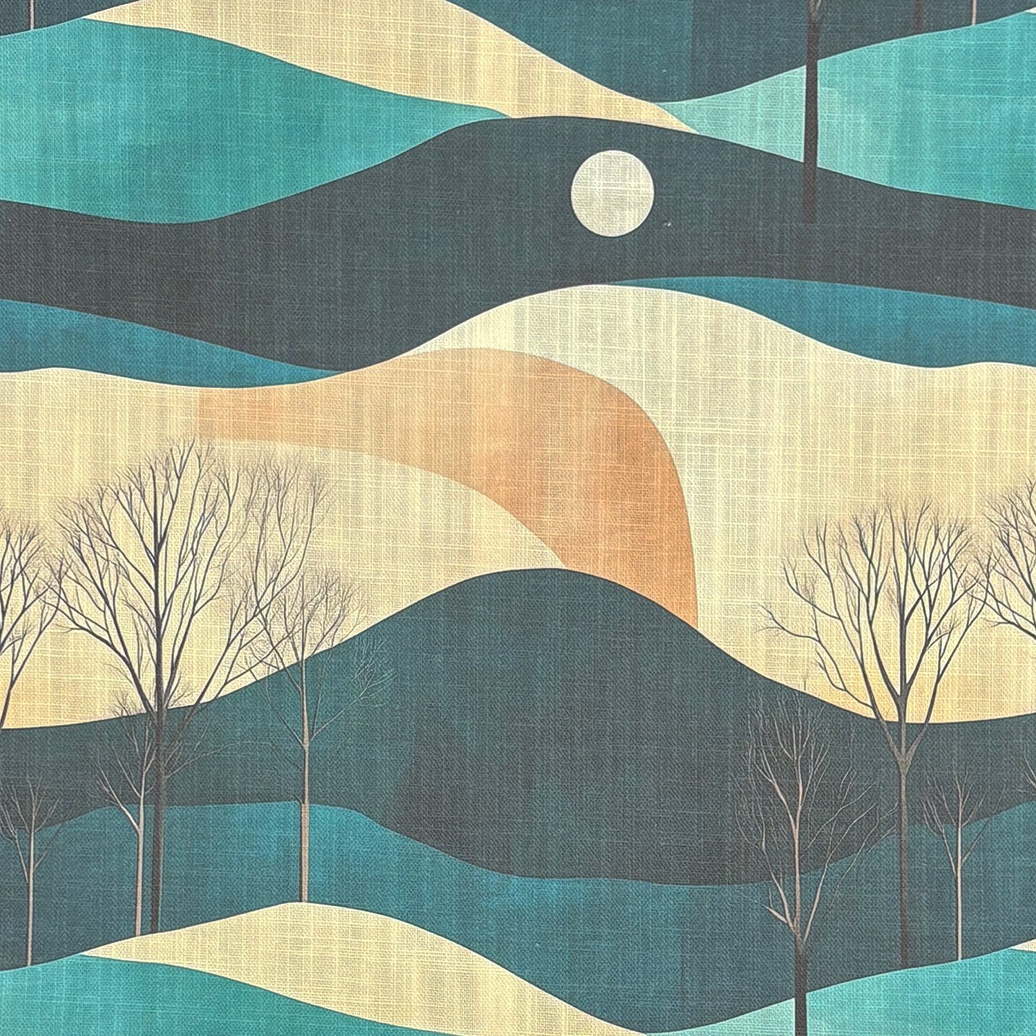Flat lay of Figueres No.14 multicoloured upholstery fabric with teal and sand hills