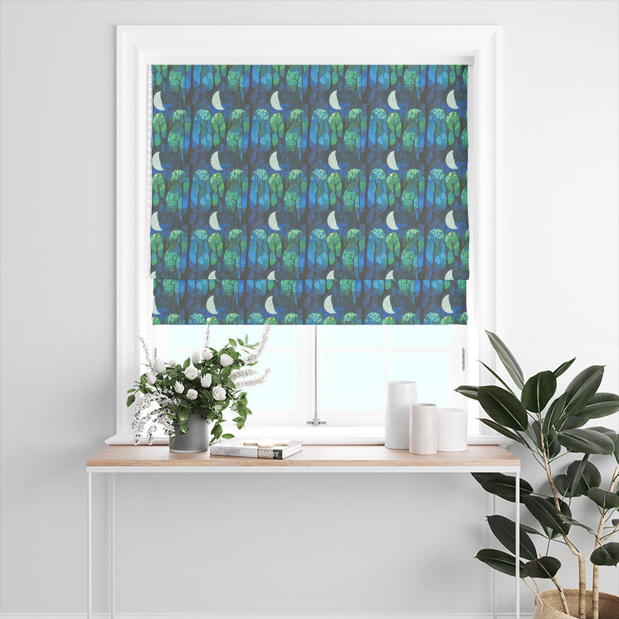Figueres No.15 blue green linen curtain fabric shown as a Roman blind