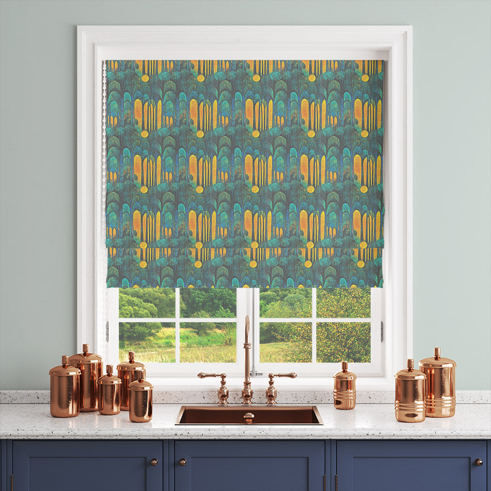 Figueres No.2 ochre green linen curtain fabric shown as a Roman blind