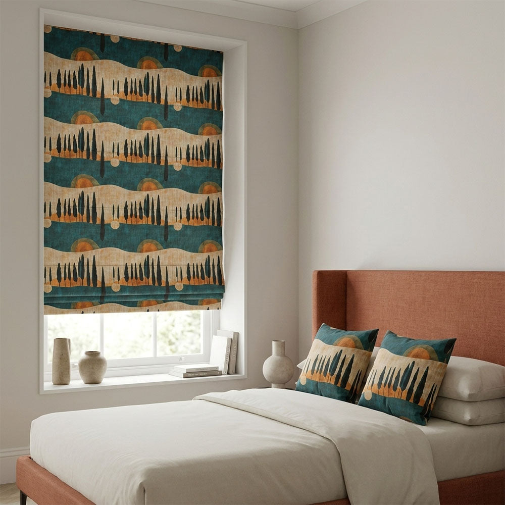 Figueres No.3 blue neutral linen curtain fabric shown as a Roman blind