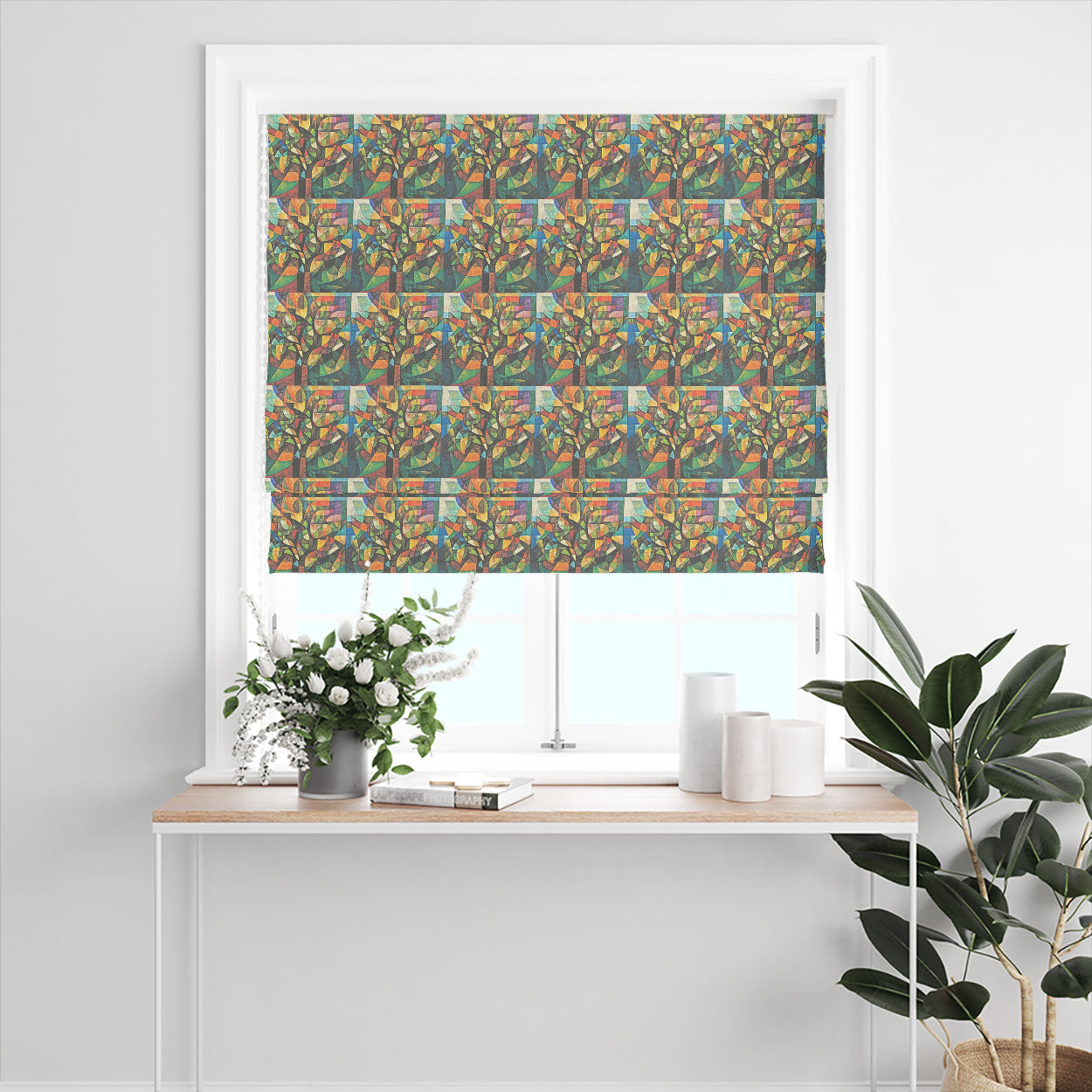 Figueres No.5 multicoloured linen curtain fabric shown as a Roman blind