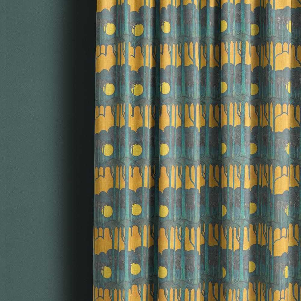 Figueres No.8 yellow green linen curtain fabric made into curtains