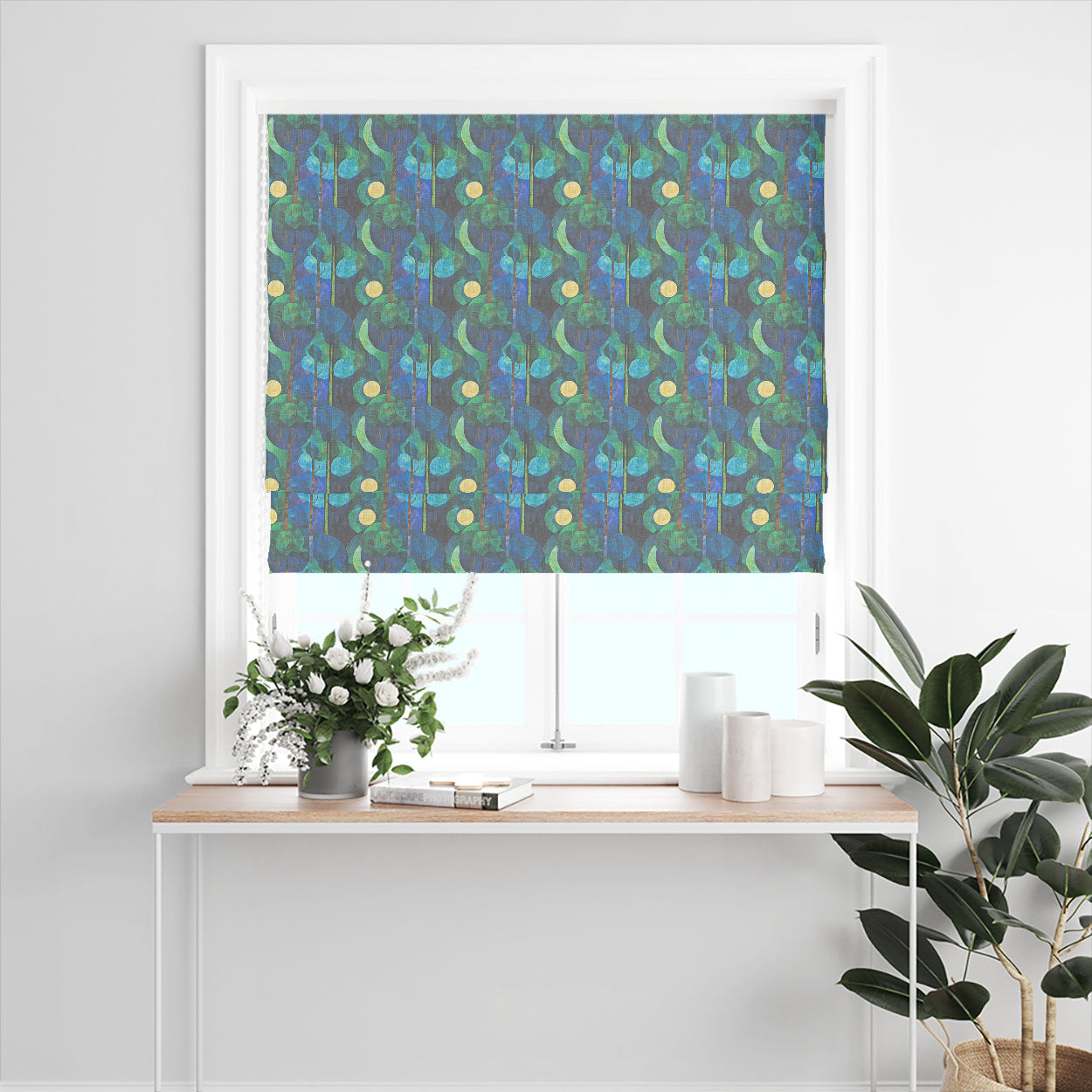 Figueres No.9 blue green linen curtain fabric shown as a Roman blind