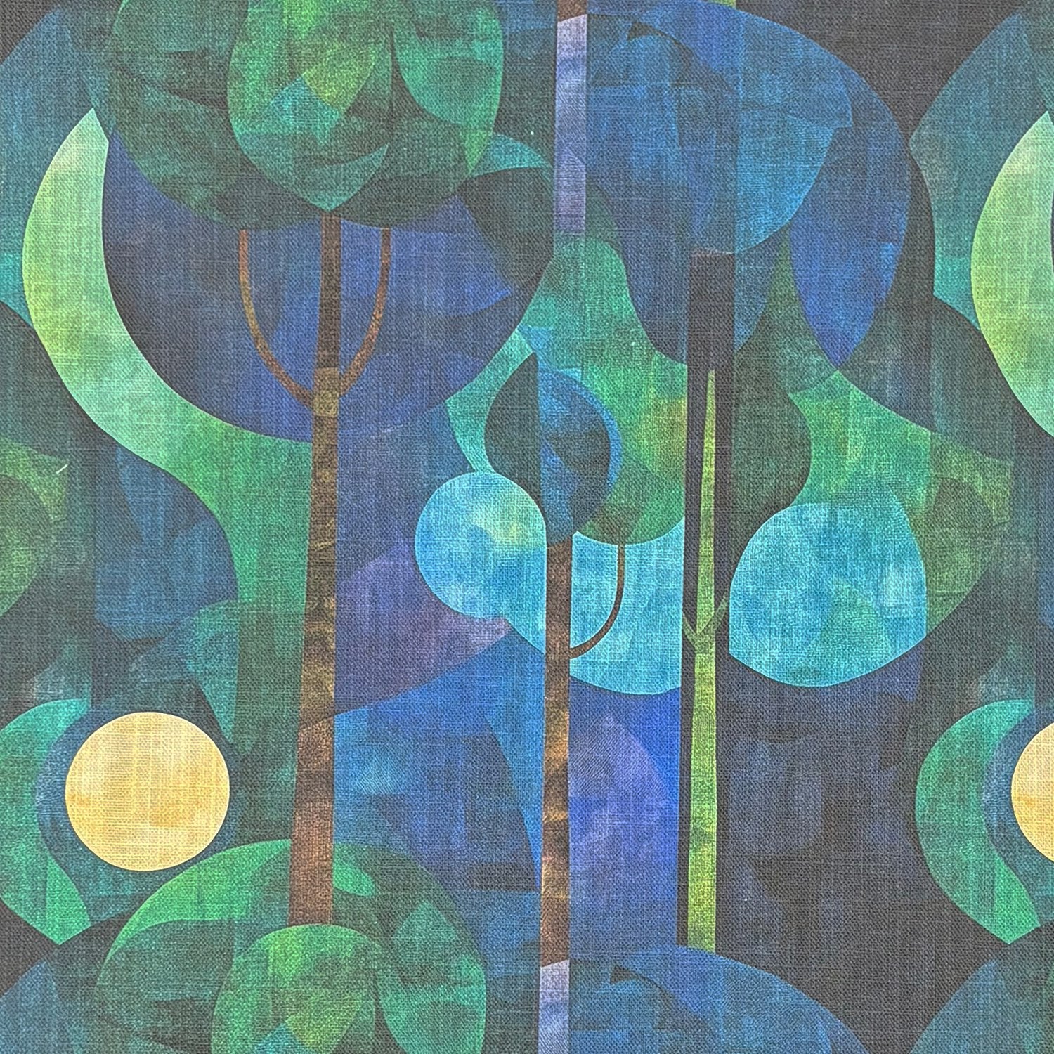 Flatlay of Figueres No.9 surreal tree and moon design printed on heavyweight upholstery fabric
