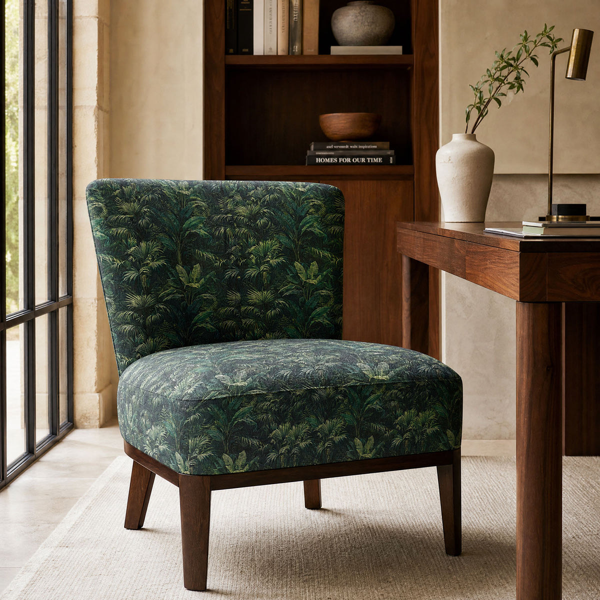 Foliage Leaf No.10 green tropical upholstery fabric styled on an accent chair