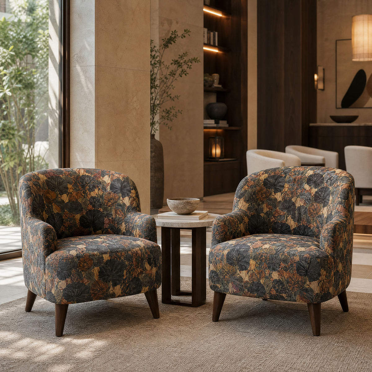 Foliage Leaf No.12 earthy botanical upholstery fabric shown on a pair of chairs