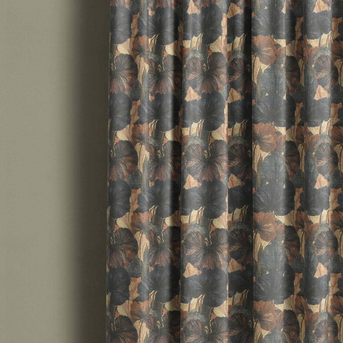 Foliage Leaf No.12 brown and grey leaf fabric displayed as curtains