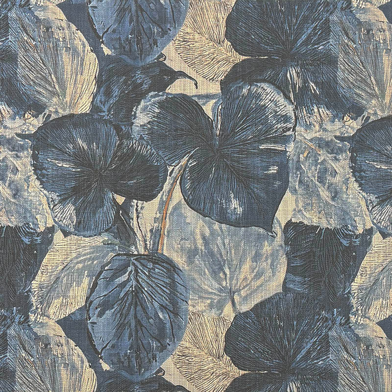 Blue grey and cream botanical upholstery fabric with overlapping rounded leaves - Foliage Leaf No.13