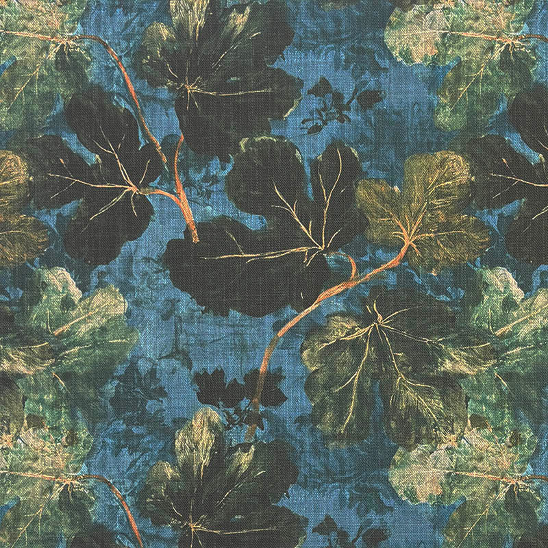 Foliage Leaf No.1 blue and green botanical upholstery fabric with oversized painterly leaves