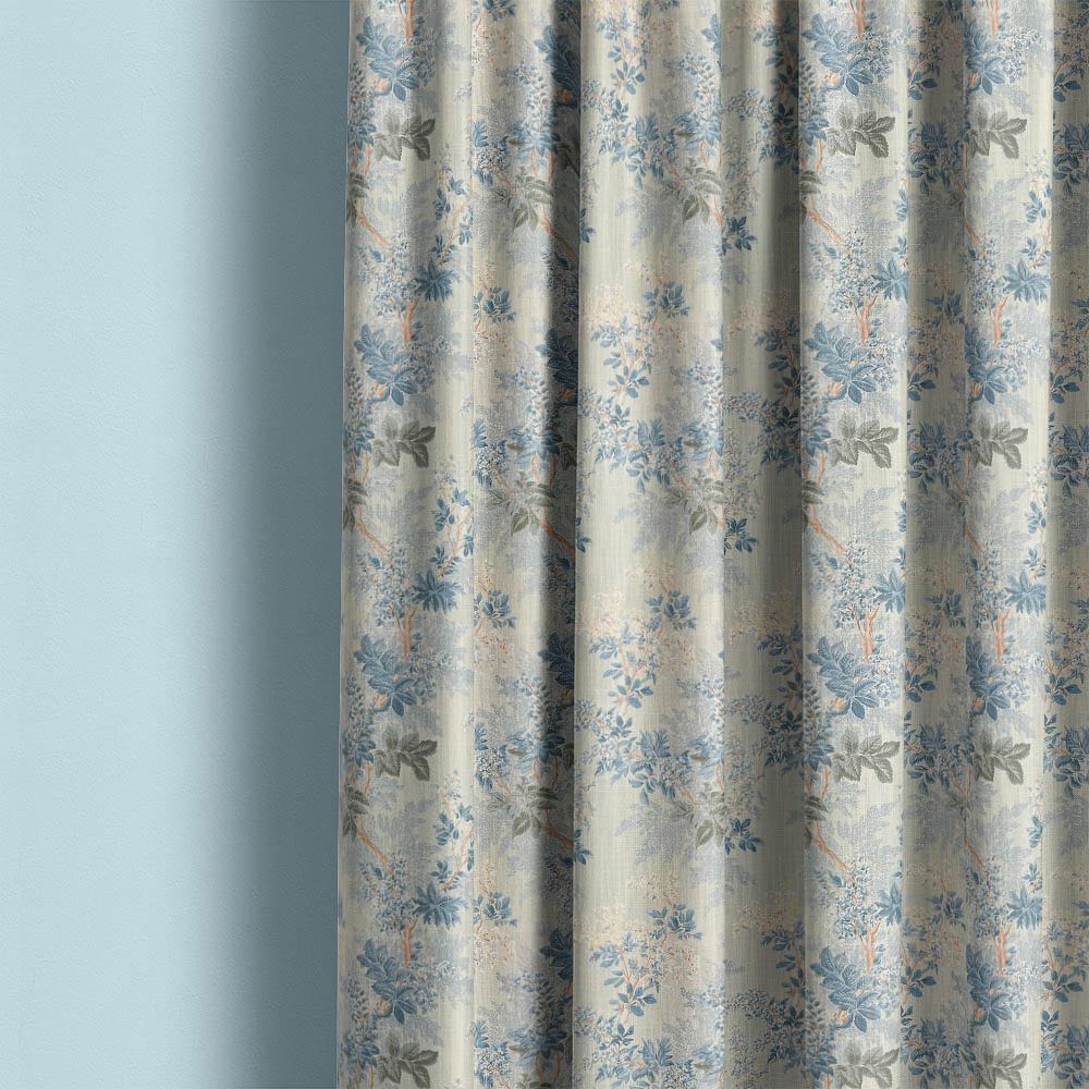 Foliage Leaf No.3 blue botanical fabric styled as elegant curtains