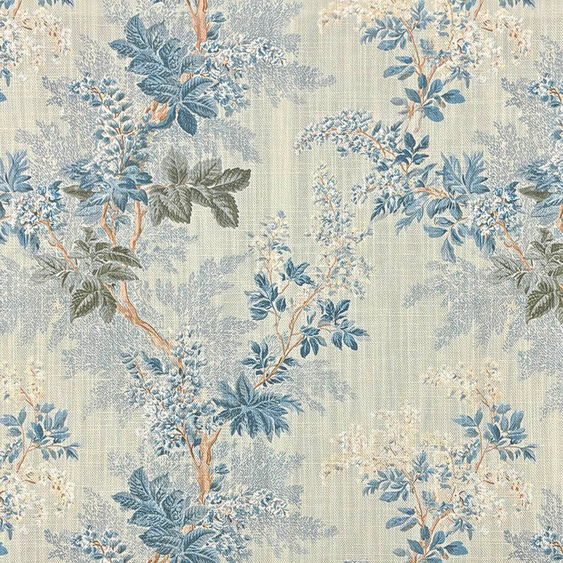 Blue botanical upholstery fabric with fine branching leaves on a warm ivory ground - Foliage Leaf No.3