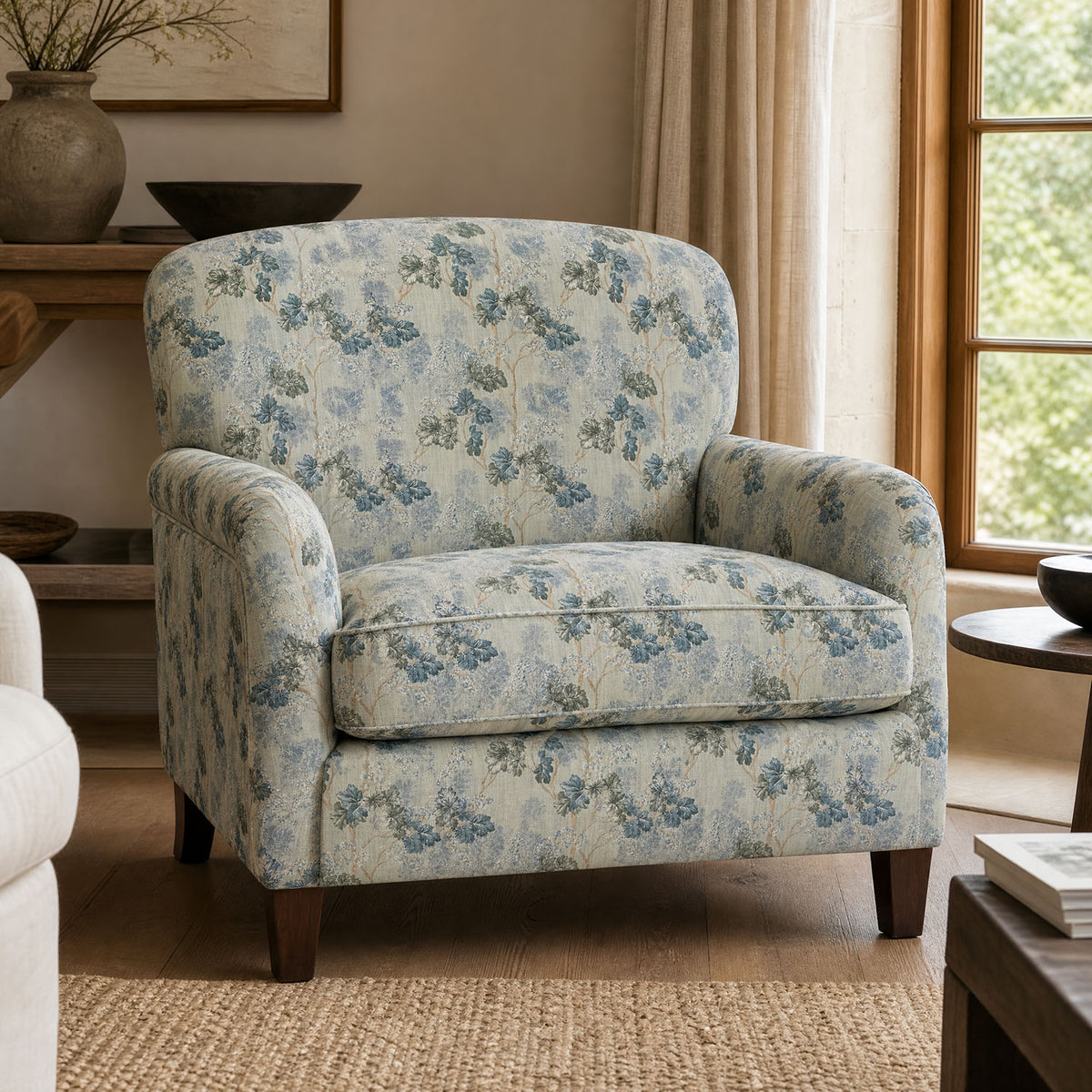 Foliage Leaf No.4 blue grey botanical upholstery fabric used on a statement chair