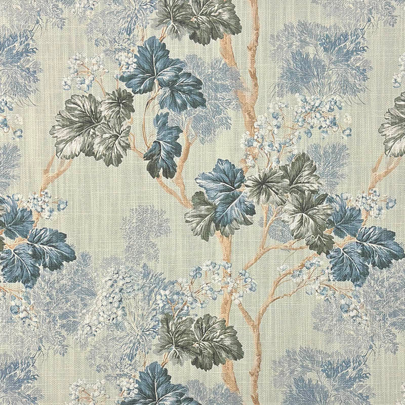 Blue and grey leaf upholstery fabric with ochre branches on a pale neutral ground - Foliage Leaf No.4