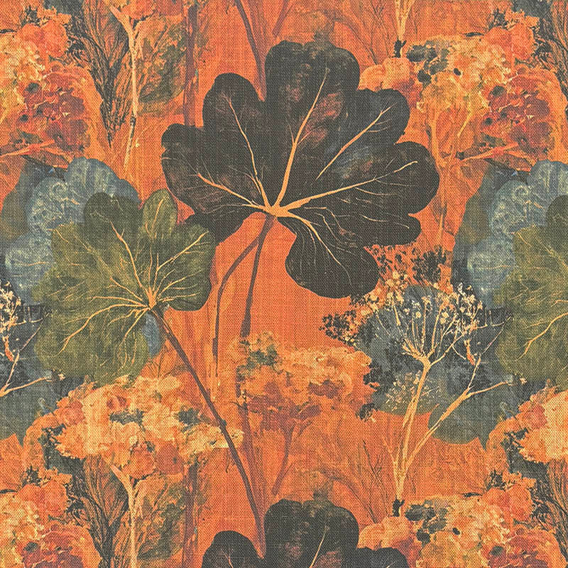 Burnt orange leaf upholstery fabric with charcoal olive and blue foliage - Foliage Leaf No.7