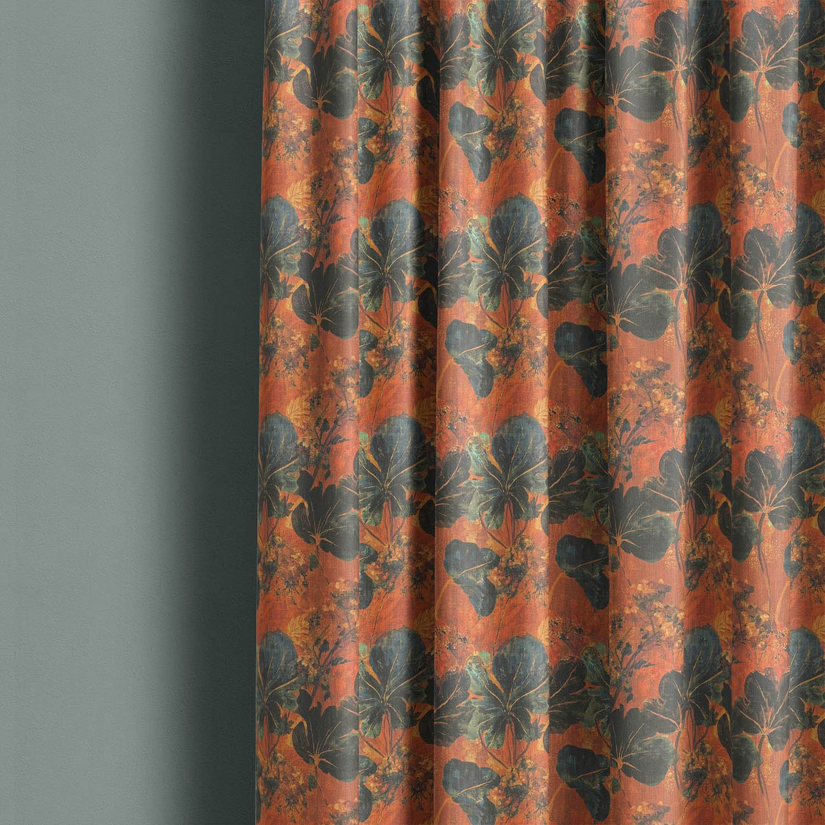 Foliage Leaf No.8 terracotta botanical fabric shown as elegant curtains
