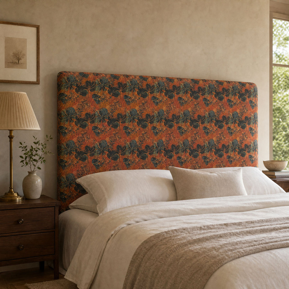 Foliage Leaf No.8 terracotta and teal upholstery fabric used on a statement headboard
