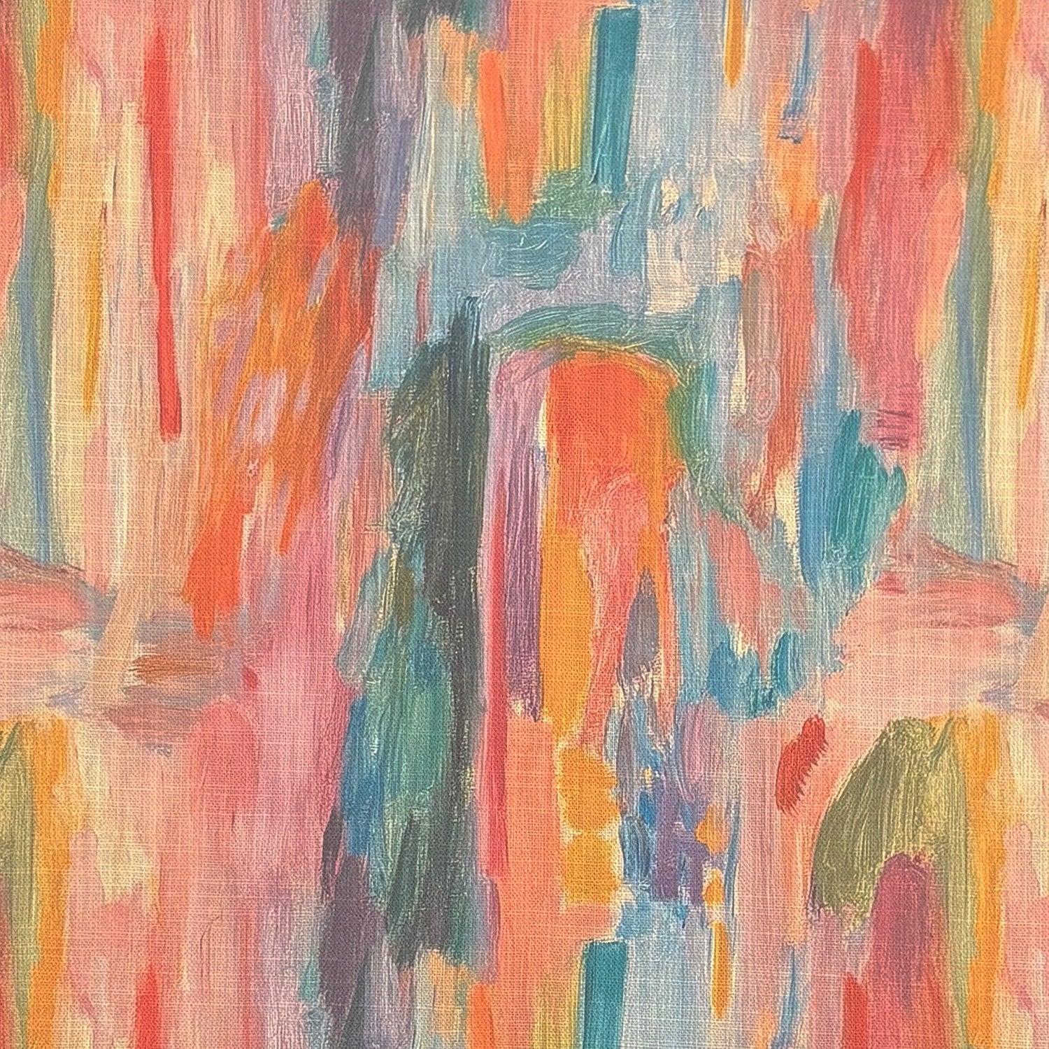 Fresco No.10 multicoloured pastel curtain fabric with abstract brushstroke geometric design in pink, teal, blue and ochre