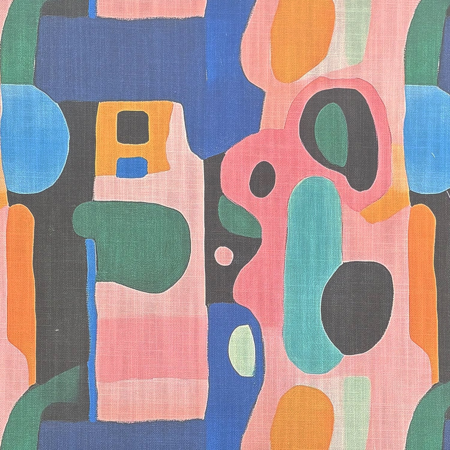 Fresco No.12 multicoloured pastel curtain fabric flat image showing abstract Bauhaus shapes in pink, teal, blue, ochre and charcoal