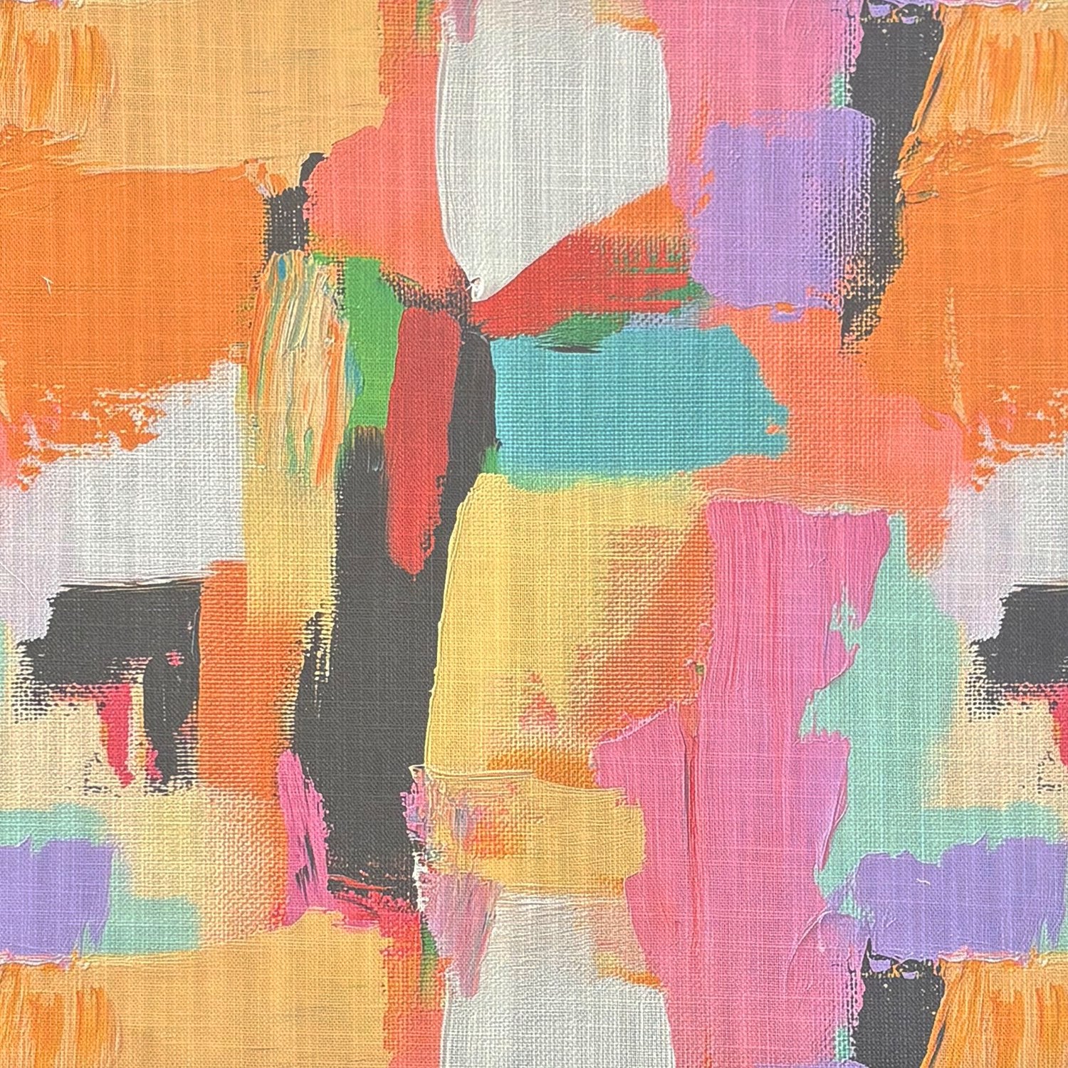 Fresco No.13 multicoloured pastel curtain fabric flat image showing abstract painted blocks in coral, teal, lilac, ochre and charcoal tones