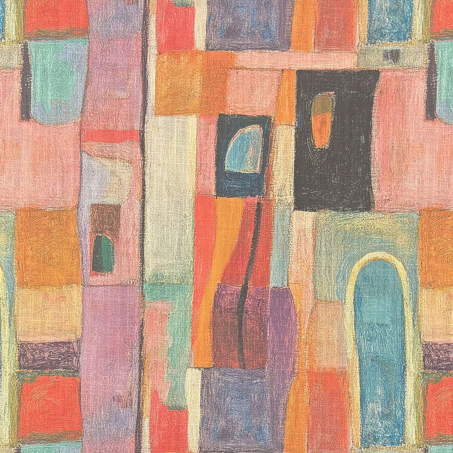 Fresco No.15 Curtain Fabric flat fabric close-up showing multicoloured pastel geometric Bauhaus design