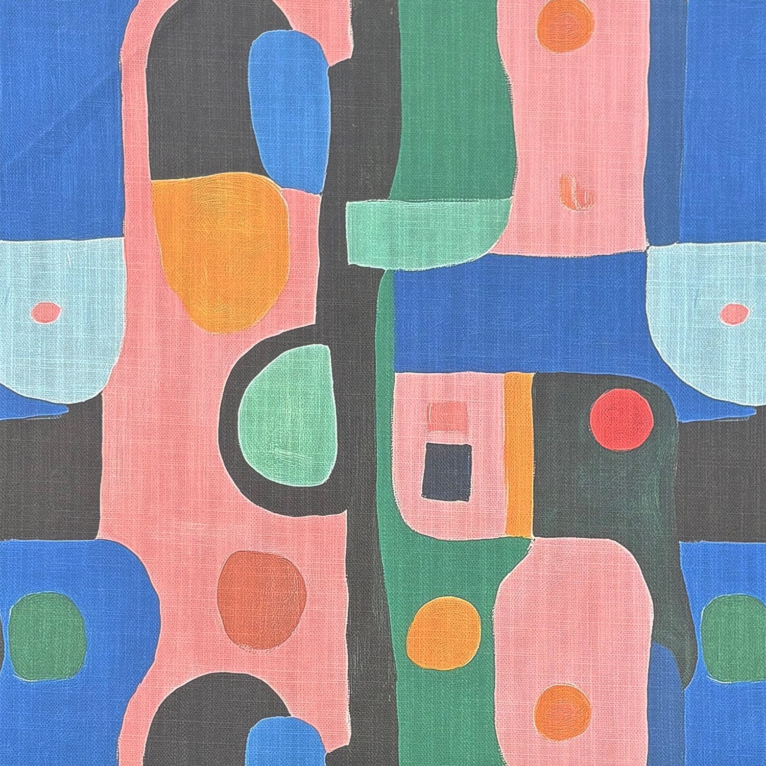 Fresco No.16 multicoloured pastel curtain fabric with geometric Bauhaus shapes in pink, blue, green and ochre