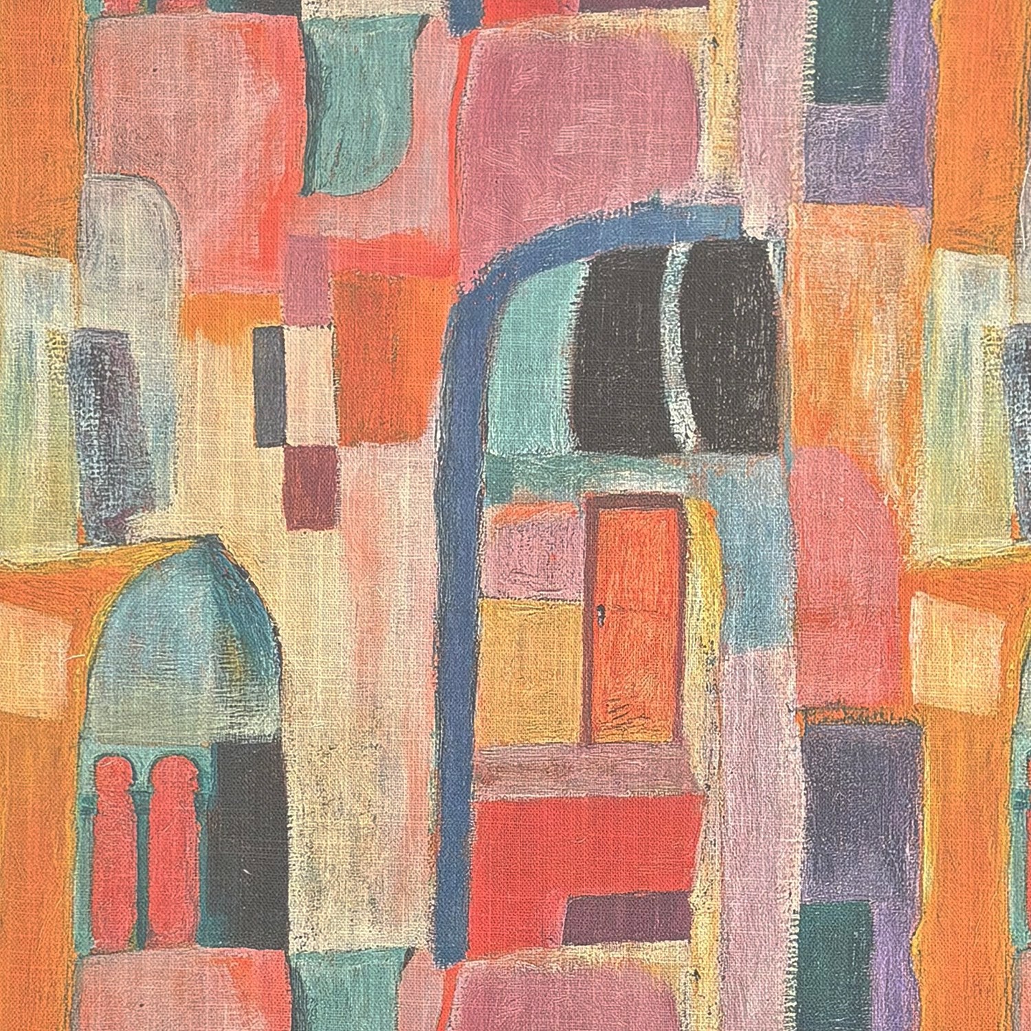 Fresco No.18 curtain fabric flat image showing abstract pastel blocks and architectural shapes