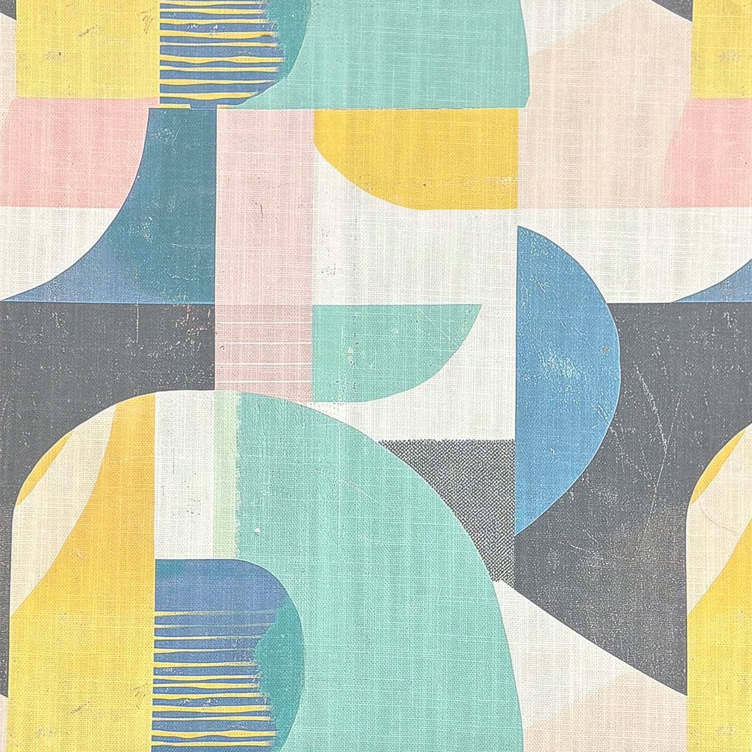 Fresco No.1 multicoloured pastel geometric curtain fabric flat view with Bauhaus tiled pattern