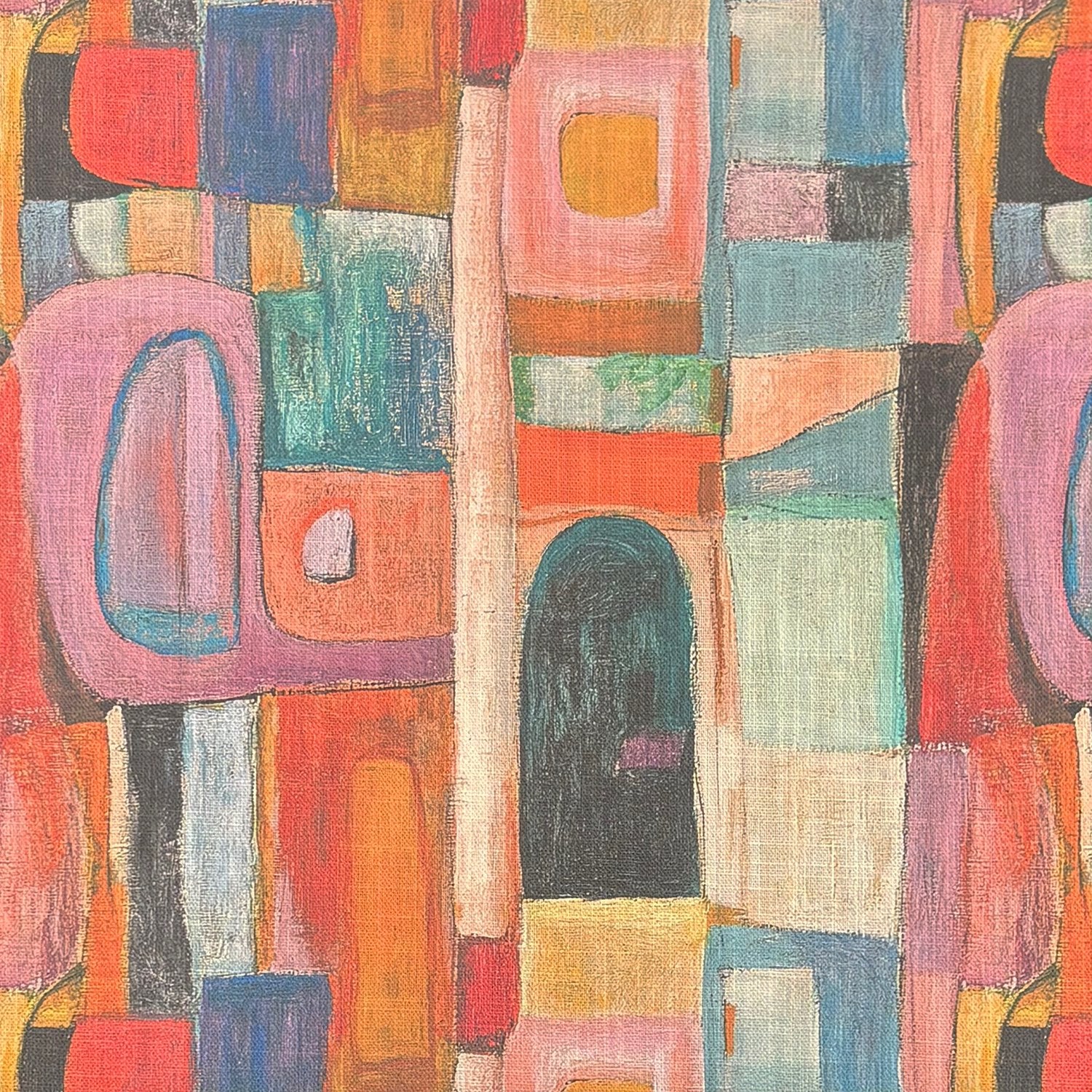Fresco No.20 curtain fabric flat view showing multicoloured pastel Bauhaus geometric pattern