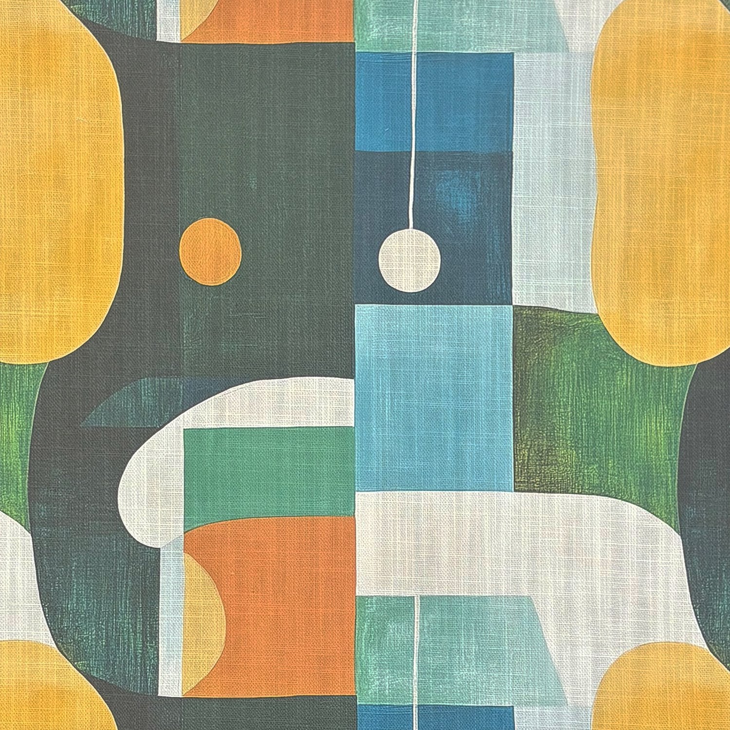 Fresco No.5 curtain fabric flat view showing geometric bauhaus pattern in forest green, teal, aqua and warm ochre