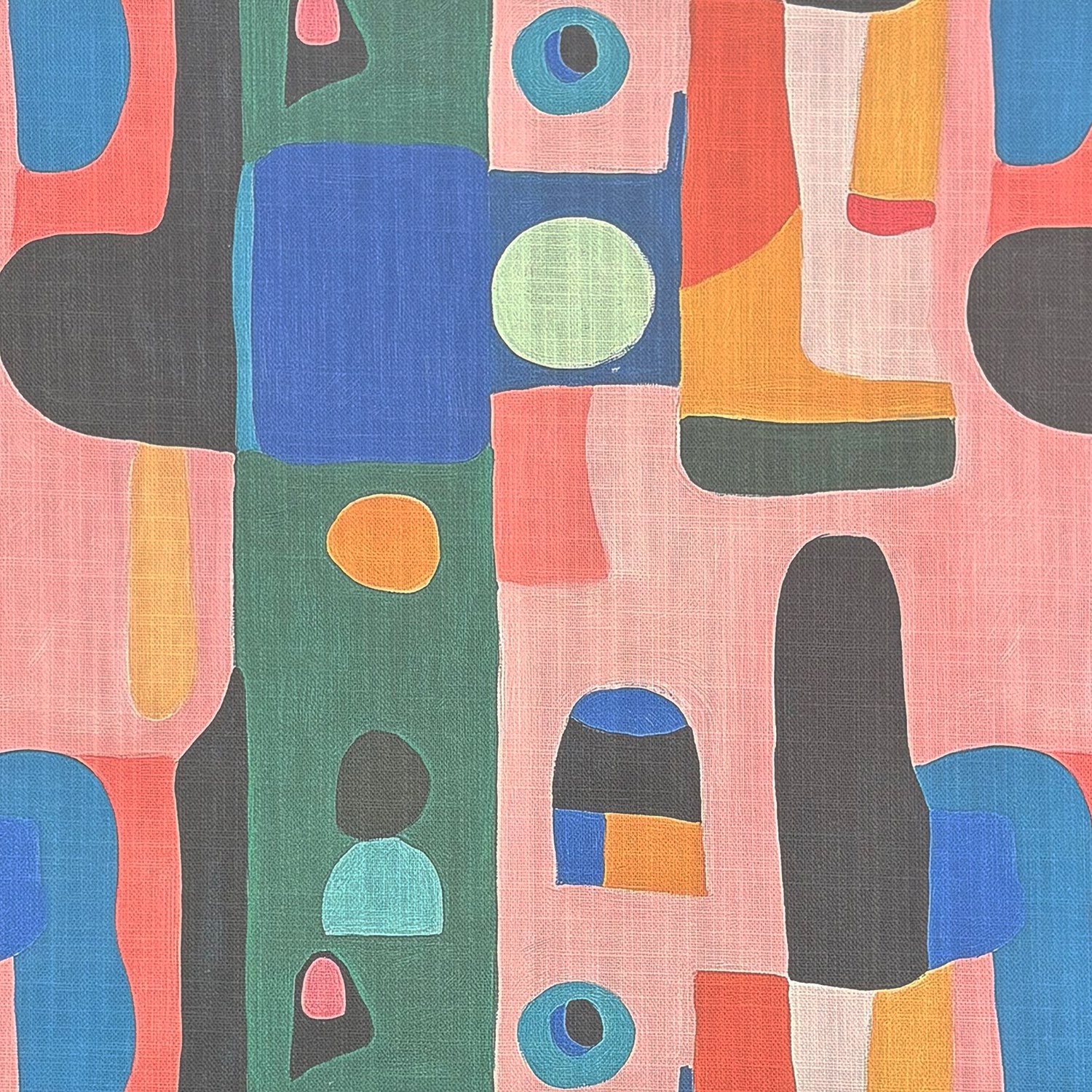 Multicoloured pastel curtain fabric with pink, green and blue geometric Bauhaus shapes – Fresco No.8 abstract fabric close-up