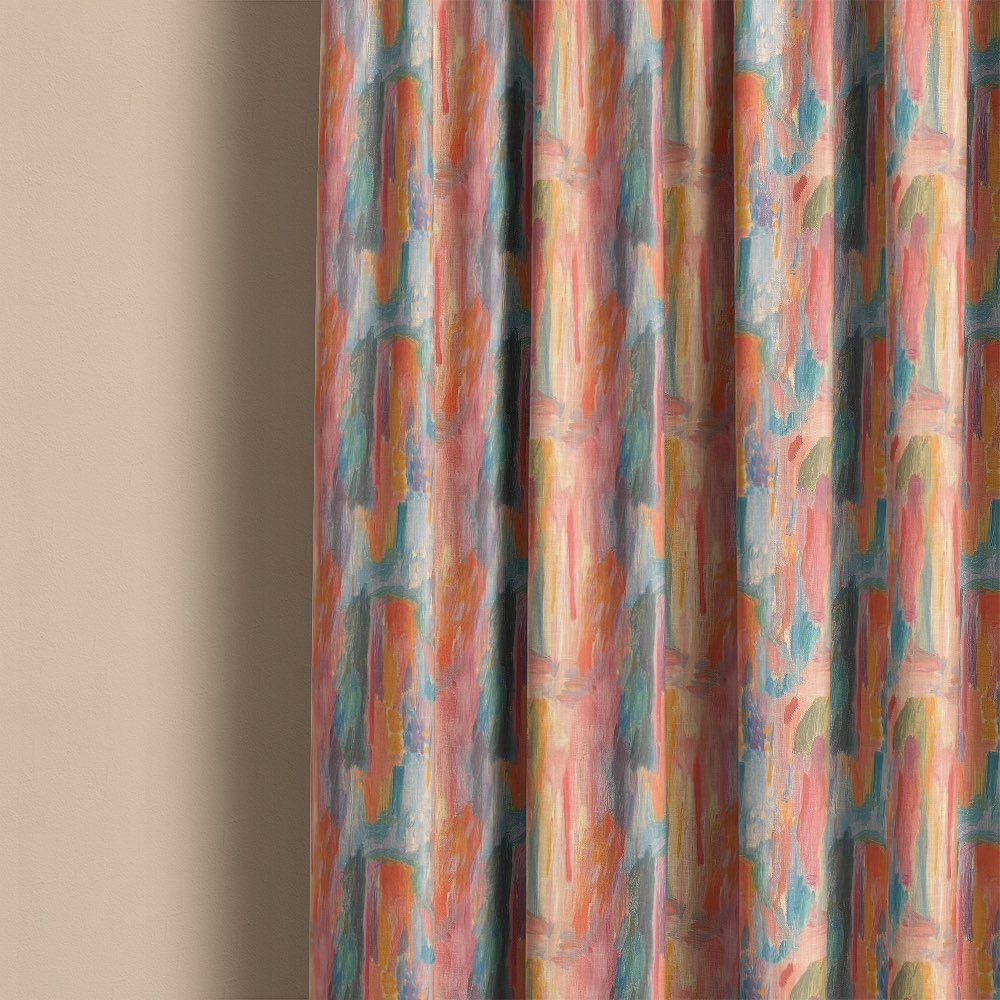 Fresco No.10 curtain fabric flat view showing painterly multicoloured pastel geometric pattern with soft textured finish