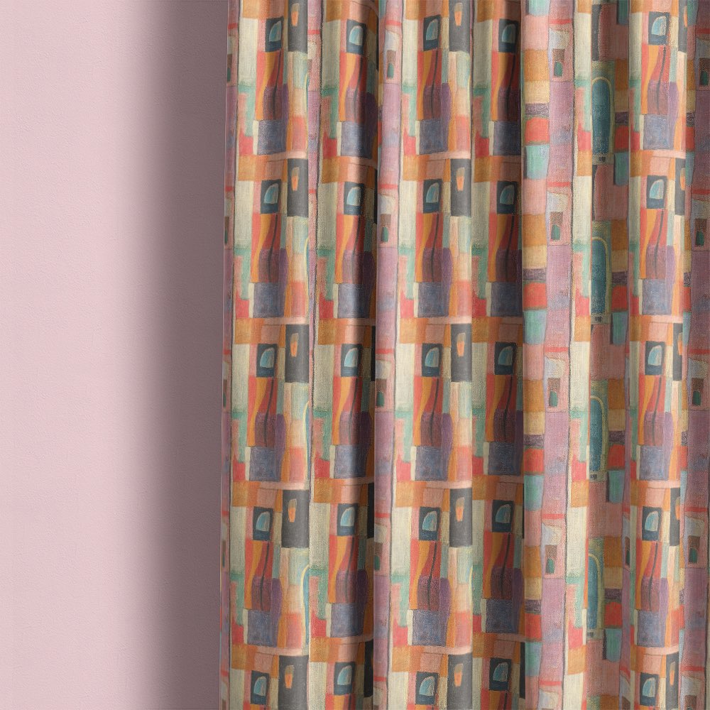 resco No.15 Curtain Fabric curtains in situ featuring abstract multicoloured pastel pattern