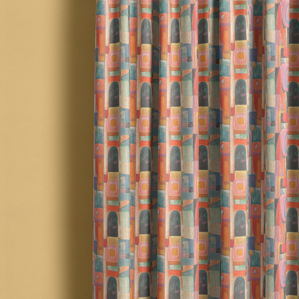 Fresco No.20 multicoloured pastel curtain fabric styled as full length curtains in modern interior