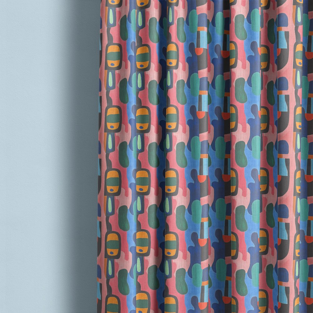Fresco No.21 curtain fabric hanging in soft folds with abstract geometric pastel pattern