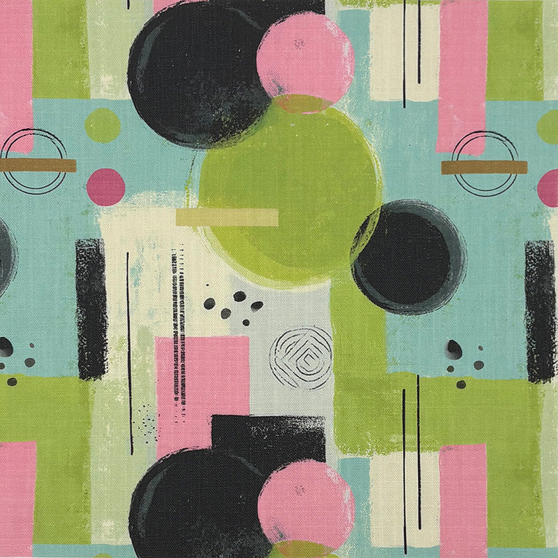 Green upholstery fabric with abstract geometric pattern featuring green, pink and black shapes with textured painterly detailing