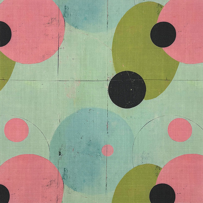 Duck egg upholstery fabric with large abstract circular shapes in pink, green and charcoal with soft textured finish