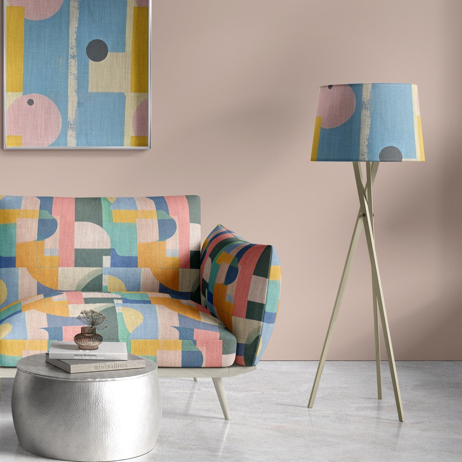 Fresco No.2 multicoloured abstract upholstery fabric on modern sofa in styled living room