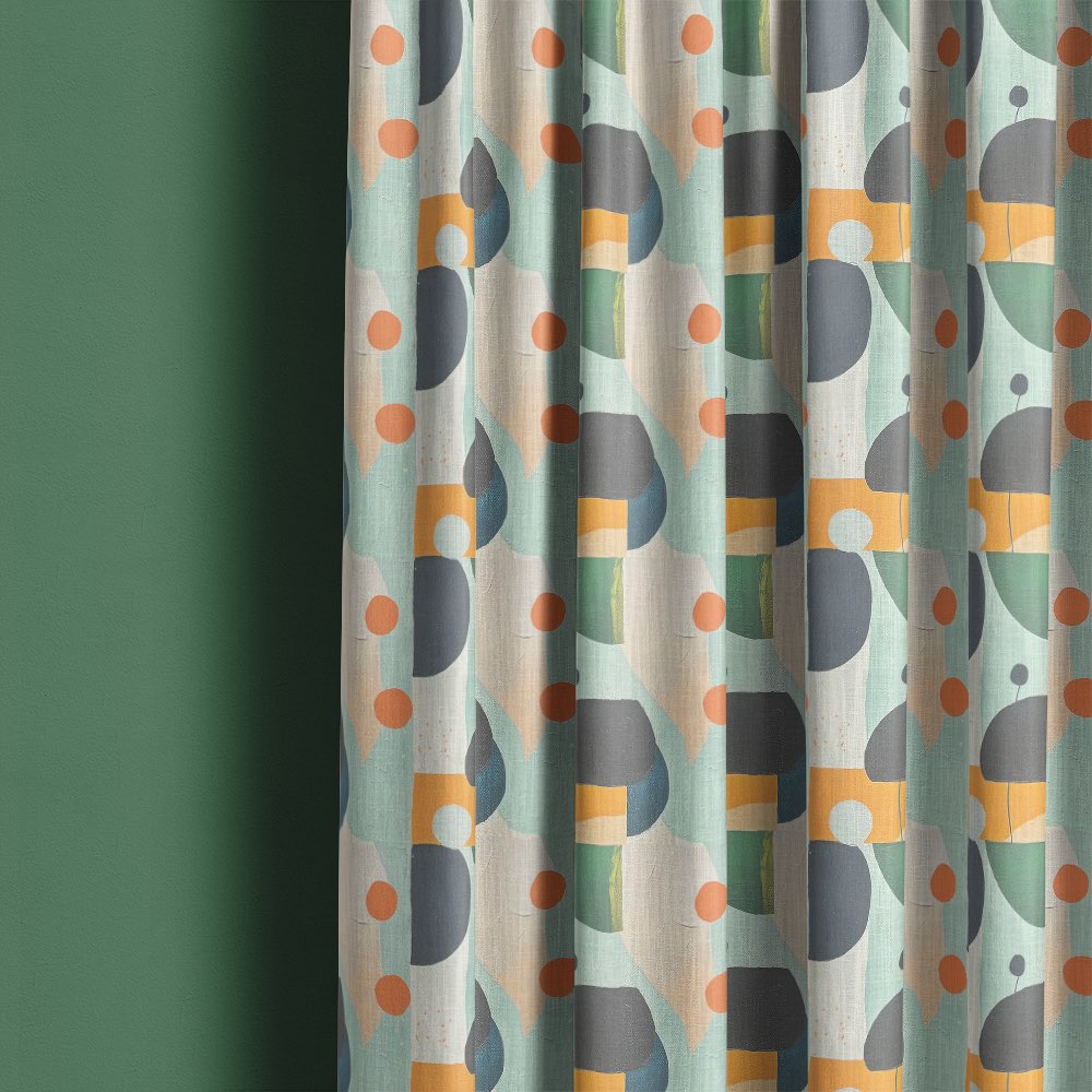 Fresco No.4 curtain fabric made into curtains featuring multicoloured pastel geometric shapes in a modern interior setting