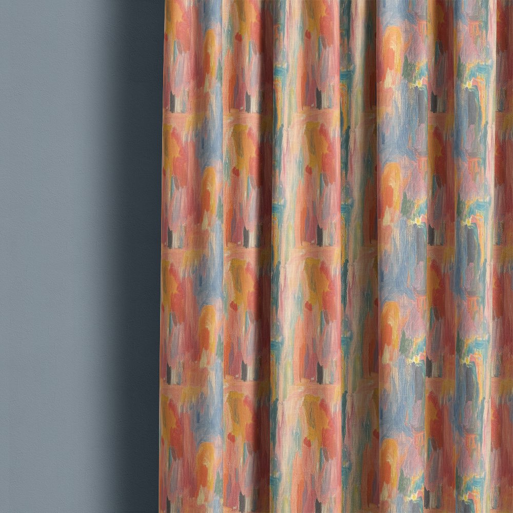 Fresco No.6 multicoloured pastel curtain fabric shown as full length curtains with painterly abstract design and soft geometric colour blocks