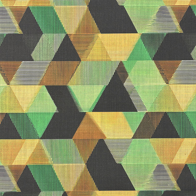 Geometric curtain fabric in green, ochre and charcoal on linen basecloth – Geometry No.1