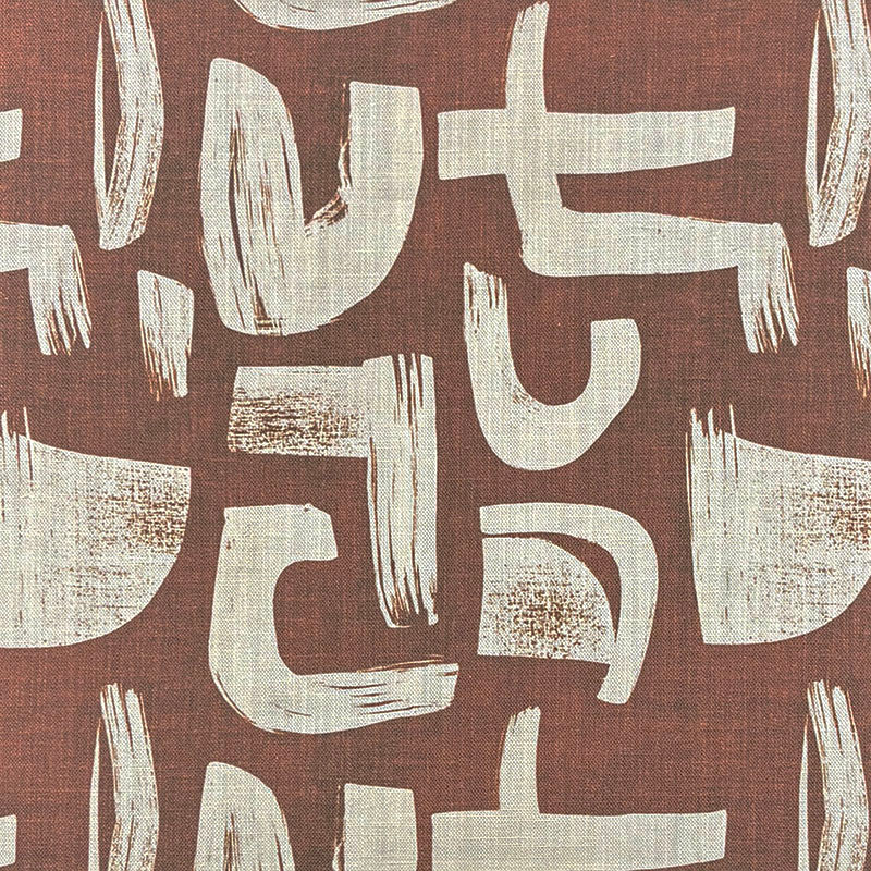 Geometric curtain fabric flat view showing brown abstract brushstroke pattern on linen basecloth