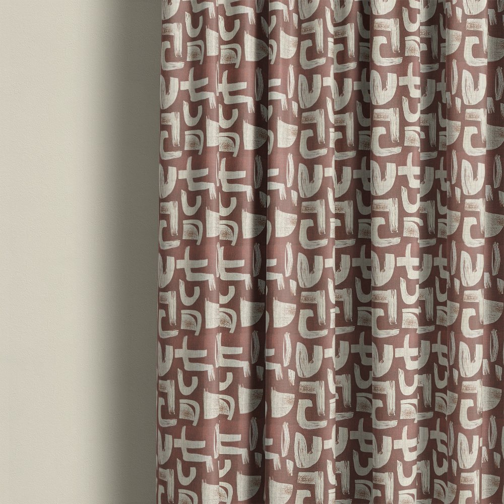 Geometric curtain fabric made into full length curtains featuring brown painterly shapes and modern abstract design