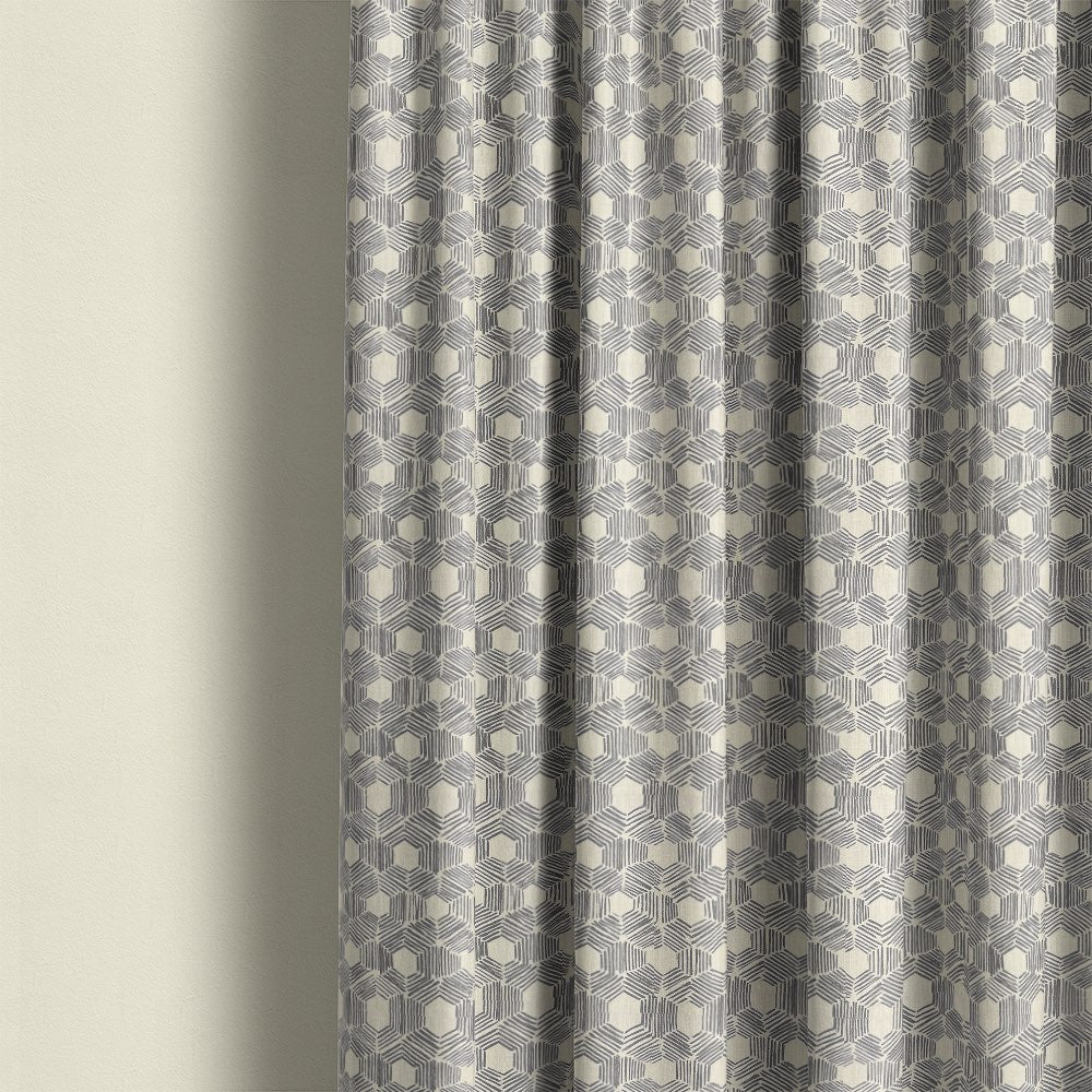 Geometric curtain fabric with charcoal hexagon pattern printed on linen curtains – Geometry No.5 modern geometric curtain fabric