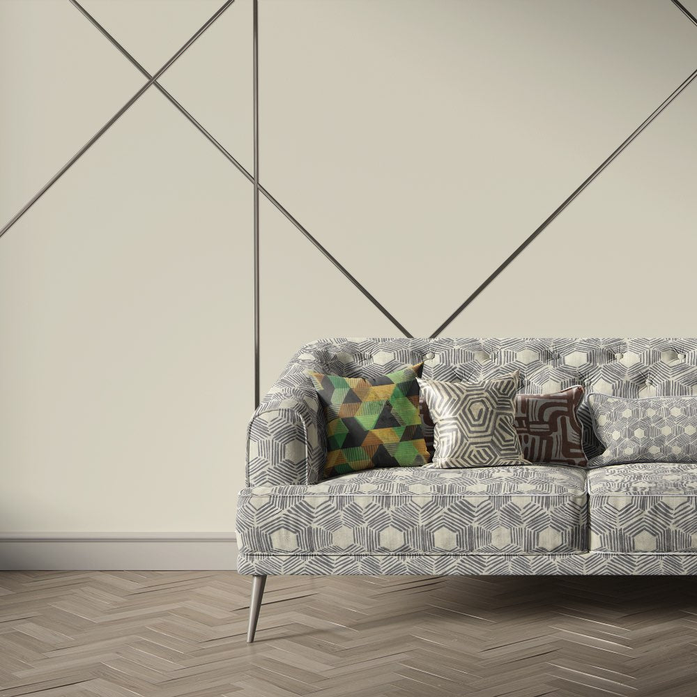 Geometric upholstery fabric used on contemporary sofa with charcoal hexagon pattern – Geometry No.5 upholstery fabric