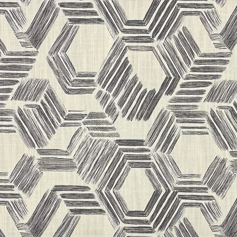 Geometric upholstery fabric with hand drawn hexagon pattern in charcoal on natural background – Geometry No.6 geometric upholstery fabric