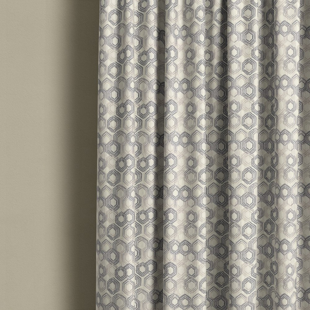 Modern geometric curtain fabric showing repeated hexagon pattern printed on linen curtains – Geometry No.7 linen geometric curtain fabric