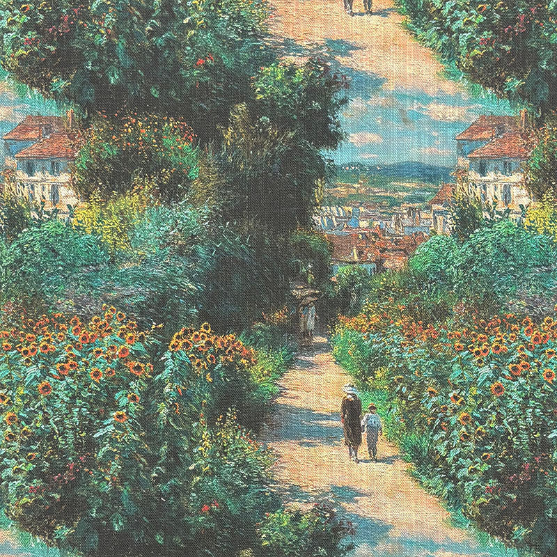 Impressionist style upholstery fabric featuring garden pathway, flowering borders, lush greenery and painterly landscape inspired by Monet